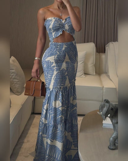 Tropical Print Halter Tie Shirred Frill Trim Cinched Waist Vacation Dress Ruched Cutout Front Slim Fit Ruffle Hem Mermaid Dress