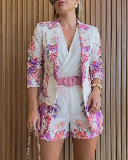 Women's Floral Blazer & Shorts Set Elegant Single-Breasted Coat and High-Waisted Shorts with Belt