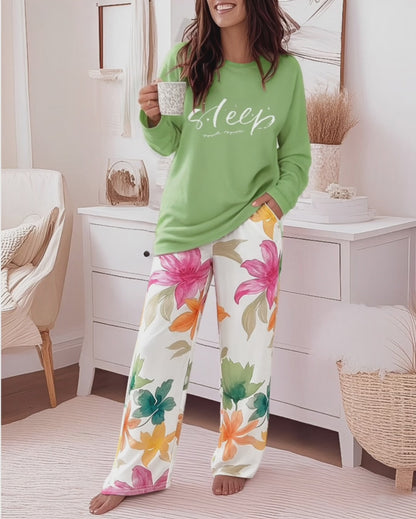 Women's 2 Piece Pajama Set Letter Long Sleeve Top and Floral Straight Leg Pants Casual Loungewear
