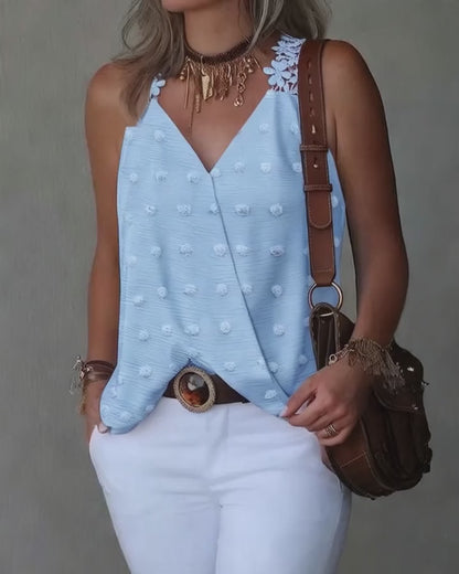 3D Decor Overlap V Neck Lace Crochet Thick Strap Tank Top