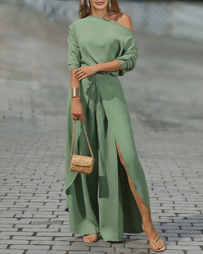 2 Pieces Outfit Cold Shoulder Ruched Batwing Sleeve Top and Casual Elastic Back Wrapped Slit Wide Leg Pants Set