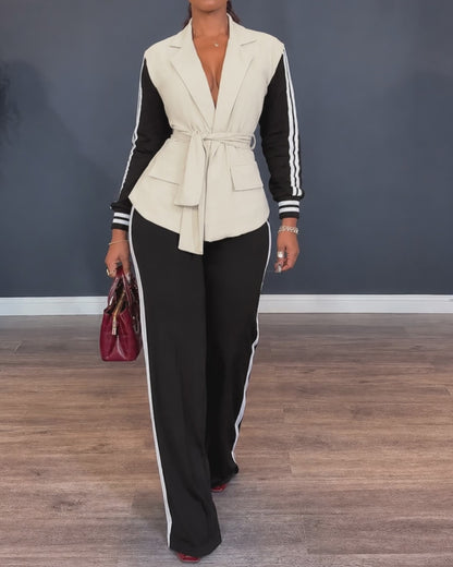 Women's 2 Piece Contrast Side Striped Outfits Lapel Collar Colorblock Top and Straight Leg Pants with Belt