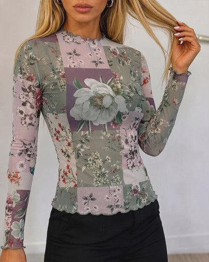 Women's Sheer Mesh Floral Print Mock Neck Frill Trim Long Sleeve Top