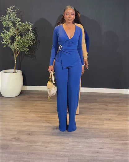 Women's 2 Piece Set Overlap V-Neck Ruched Long Sleeve Top and Wide Leg Pants Set
