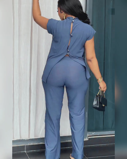Women's 2 Piece Set Mock Neck Ruched Open Back Button Slit Top and Wide Leg Pants Casual Outfits with Pockets
