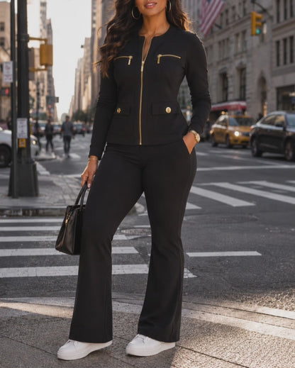 Women's 2 Piece Tracksuit Set Gold Zip Crewneck Jacket and High Waist Flare Pants Set