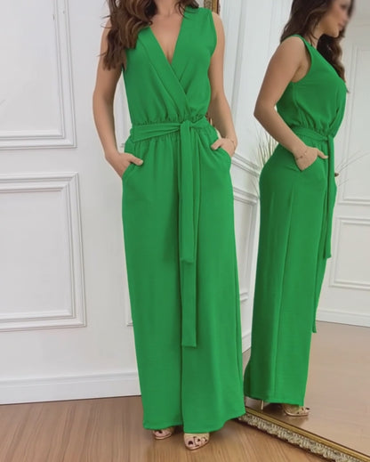 Overlap V-Neck Sleeveless Shirred Waist Overalls Casual Tie Waist Wide Leg Jumpsuit with Belt