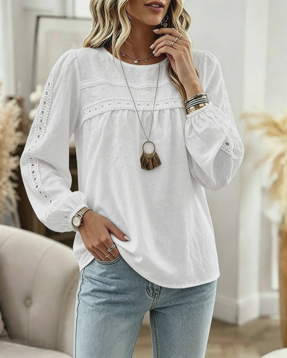 Women's Hollow-Out Lace Spliced Lantern Sleeve Top Elegant 3D Jacquard Chiffon Blouse for Work and Daily Wear