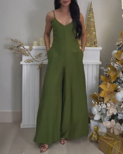 V-Neck Adjustable Spaghetti Straps Backless Overalls Casual Zipper Back Wide Leg Jumpsuit with Convertible Ruffles Tie Panel
