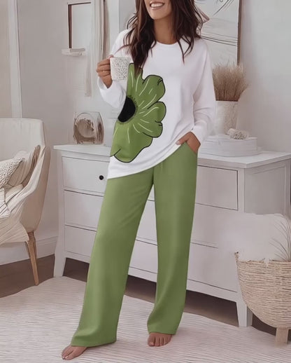 Floral Print Long Sleeve Top and Causal Pants Set
