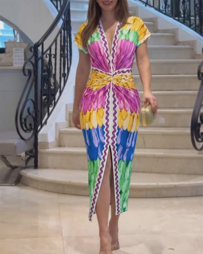 Multi-color Print Deep V-Neck Front Slit Dress Casual Twist Front Cinched Waist Vacation Dress