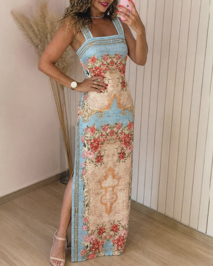 Women's Retro Palace Style Floral Print Maxi Dress Square Neck Sleeveless Side Slit Evening Gown Elegant Backless Party Dress