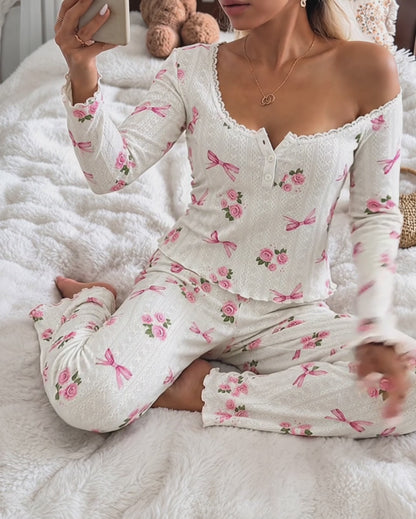 Women's Floral Bow Print Frill Trim Pajama Set Lace U-Neck Henley Long Sleeve Top and Pants Lounge Set