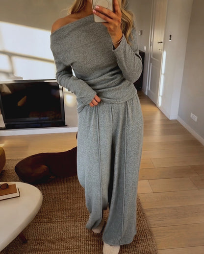 CHICME Women's 2-Piece Knit Set Skew Neck Long Sleeve Slim Fit Top and High-Waist Wide-Leg Pants Casual Soft Ribbed Lounge Set