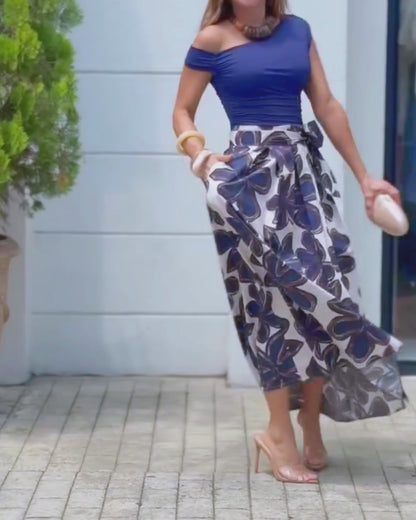 Women's 2 Piece Skirt Set Skew Neck Ruched Slim Fit Top and High Waisted Floral Print A Line Skirt with Pockets