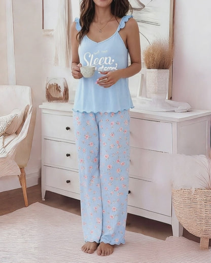 Women's 2 Piece Pajama Set Sleep Letter Print Cami Top and Ditsy Floral Wide Leg Pants Loungewear Set with Pockets