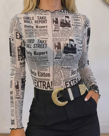 Women's Sheer Mesh Vintage Newspaper Print Mock Neck Frill Trim Long Sleeve Top