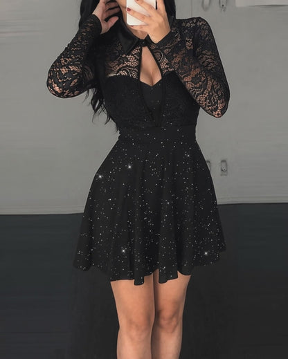 Women's Lace Patchwork Long Sleeve A Line Dress Glitter Hollow-out Mini Party Dress with Detachable Clear Straps