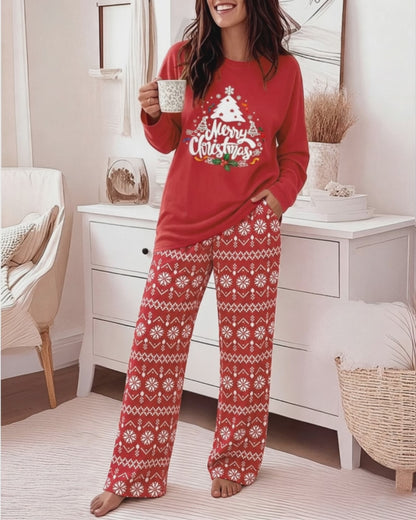 Women's Two Piece Pajamas Set Christmas Tree Slogan Print Top and Fair Isle Print Pants Casual Lounge Set