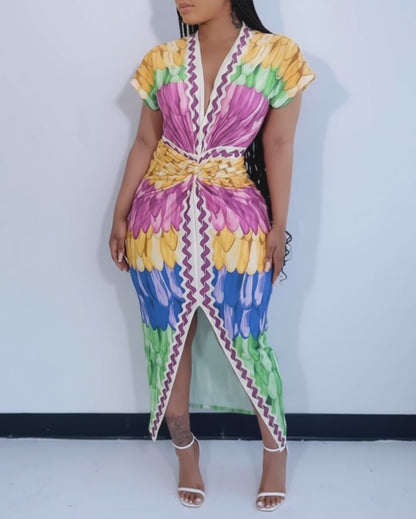 Multi-color Print Deep V-Neck Front Slit Dress Casual Twist Front Cinched Waist Vacation Dress