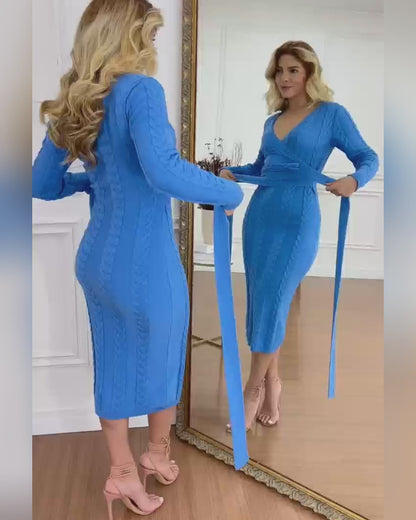 Cable Textured Overlap Deep V Neck Long Sleeve Mid Length Dress Tie Waist Slim Fit Knit Dress