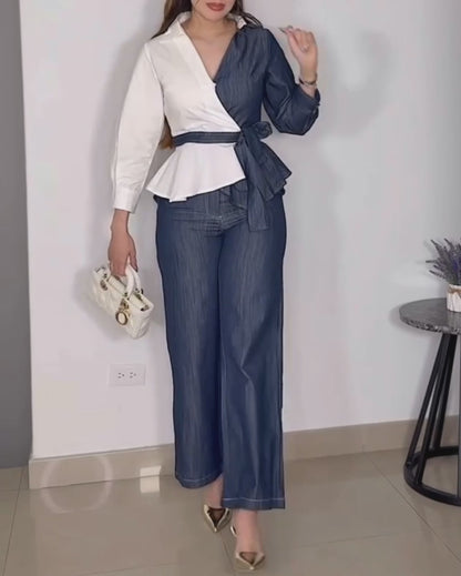 Women's 2-Piece Denim Set Asymmetric Contrast Peplum Top and High Waist Wide Leg Jeans Set with Belt