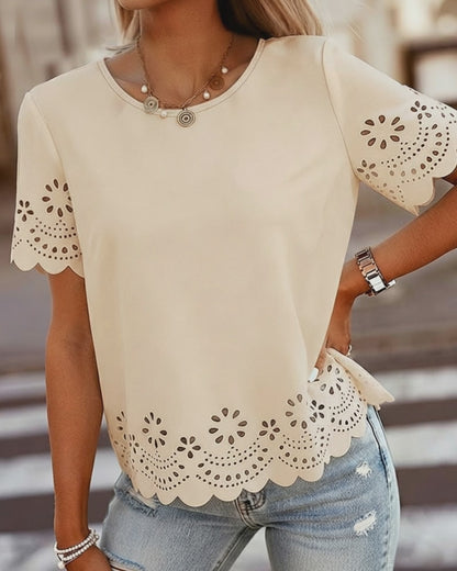 Round Neck Short Sleeve Eyelet Embroidery Tee Casual Scallop Trim Top