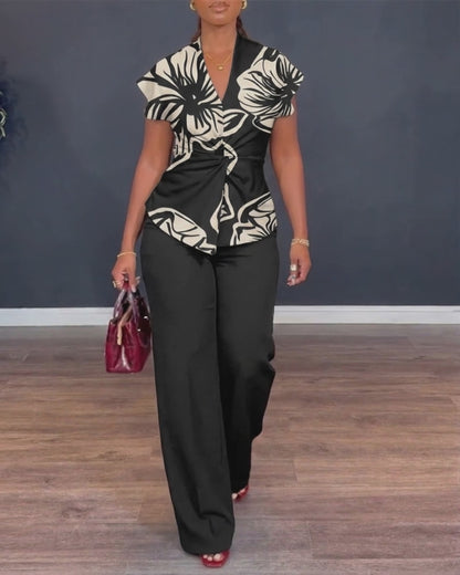 Women's 2 Piece Outfit Floral Print Twist Front V Neck Top and High Waist Wide Leg Pants Set