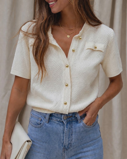 Women's Hollow Out Knit Cardigan Short Sleeve Gold Button Sweater Casual Loose Knitwear Top
