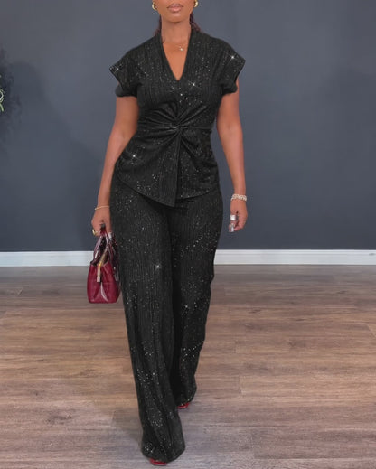 Women's Glitter Textured 2 Piece Outfits V Neck Twist Cap Sleeve Slit Top and High Waist Straight Leg Pants Set