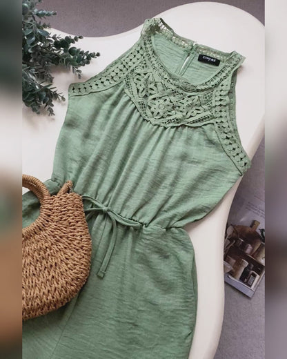 Damen-Overall mit Neckholder, Spitzenbesatz, rückenfreier Overall, gebundenes Detail, weites Bein, Overall mit Taschen