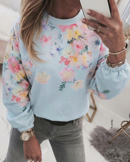 Women's Watercolor Floral Sweatshirt Casual Crewneck Pullover Lantern Sleeve Loose Fit Top