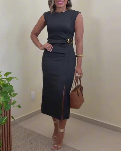 Women's Sleeveless Midi Dress Gold Buckle Ruched Front Slit Bodycon Dress
