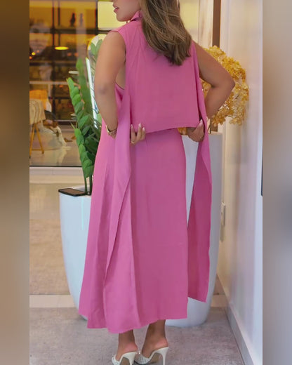 Turn-down Collar Sleeveless Button Front Shirt Dress Casual Open Back Tied Detail Commuting Dress