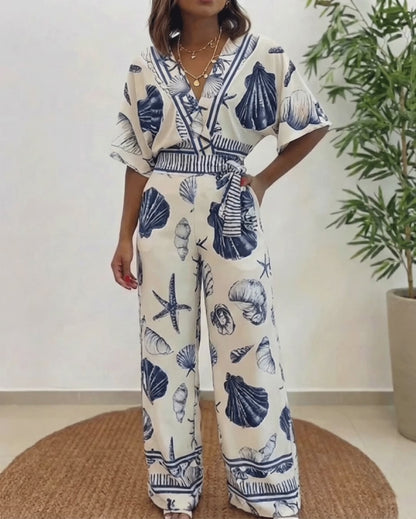Women's Ocean Print Jumpsuit Seashell Starfish Wrap V Neck Batwing Sleeve Tie Waist Wide Leg Romper with Pockets