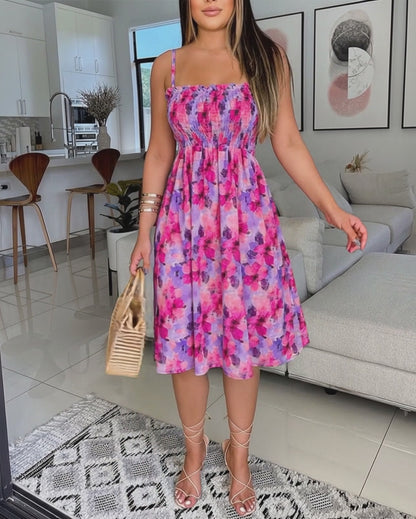 Women's Colorblock Floral Print Cami Dress Shirred Sleeveless A-Line Dress Casual Backless Vacation Dress