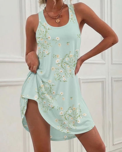 Women's Loose Casual Tank Dress U-Neck Racerback Sleeveless Curved Hem Mini Dress