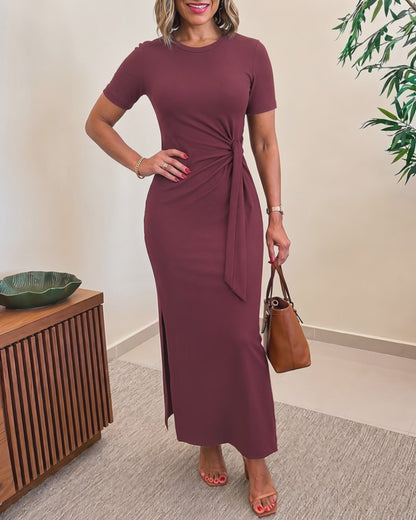 Women's Crewneck Short Sleeve Side Tie Knot Ruched Bodycon Dress Elegant Side Slit Maxi Dress