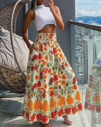 Women's Tropical Parrot Floral Maxi Skirt Shirred High Waist Ruffle Boho Skirt Flowy A-Line Skirt with Pocket