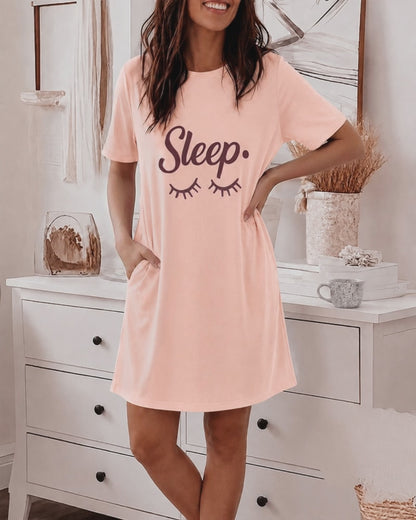 Women's Sleep Letter Print Short Sleeve Nightgown Casual Sleepwear Dress with Pockets