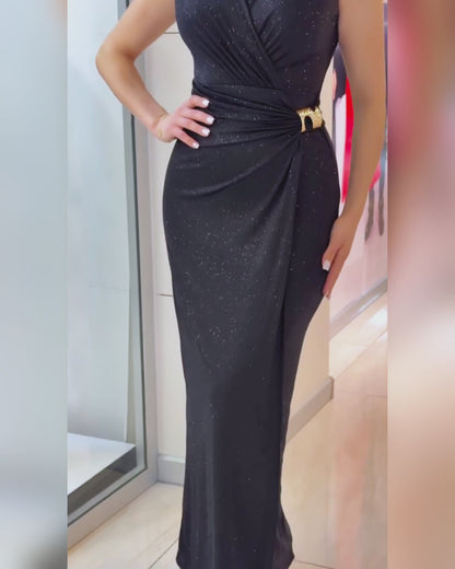 Women's Glitter Deep V Neck Sleeveless Maxi Evening Dress Ruched Wrapped Slit Formal Gown