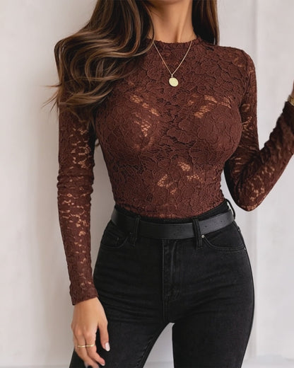Women's Sexy Sheer Lace Top Long Sleeve O-Neck Slim Fit See-Through Elegant Blouse Base Layer Shirt