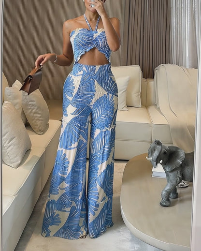 Women's Palm Leaf Print 2 Piece Set Convertible Halter Tie Top and Ruffle Wide Leg Pants Casual Vacation Set