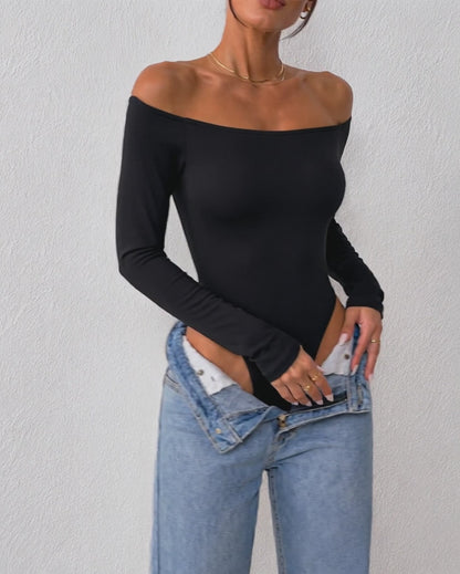 Women's Off Shoulder Bodysuit Minimalist Long Sleeve Sexy Slim Fit Bodysuit with Built-In Bra