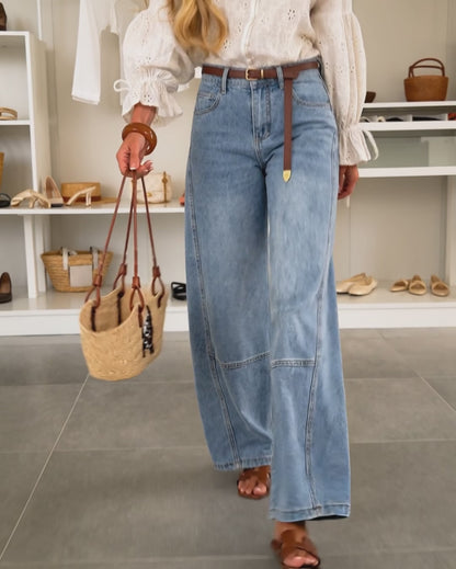 Women's High Waist Seam Detail Washed Wide Leg Cropped Jeans