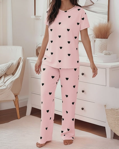 Valentine's Day 2 Pieces Outfit Round Neck Short Sleeve Top and Elastic Waist Pants Set Casual Heart Print Loose Fit Pajamas Set