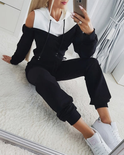 2 Pieces Outfit Colorblock Cold Shoulder Long Sleeve Drawstring Hoodie Top and Casual Contrast Striped Decor Elastic Waist Jogger Pants Set
