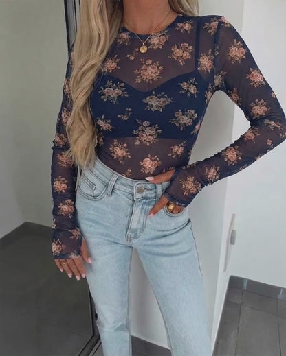 Women's Floral Print Sheer Mesh Top Long Sleeve Crewneck Slim Fit Tee with Thumb Holes