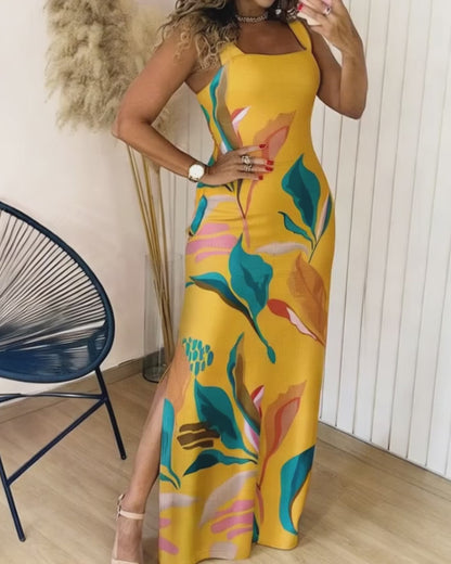 Plants Placement Print Square Neck Thick Strap Side Slit Maxi Dress Casual Vacation Dress with Pockets