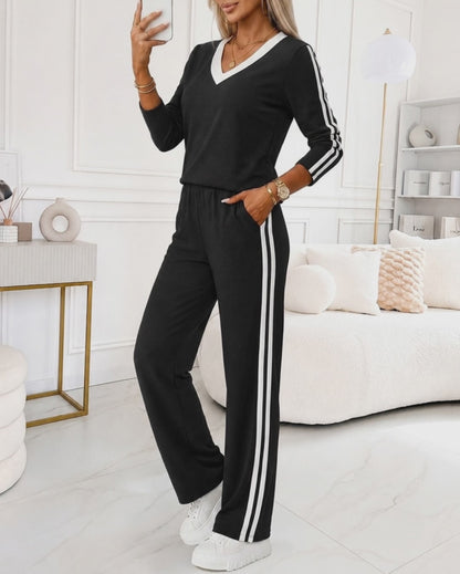 Women's 2 Piece Outfits V Neck Long Sleeve Top and Straight Leg Pants Set Side Stripe Tracksuit Casual Lounge Suits